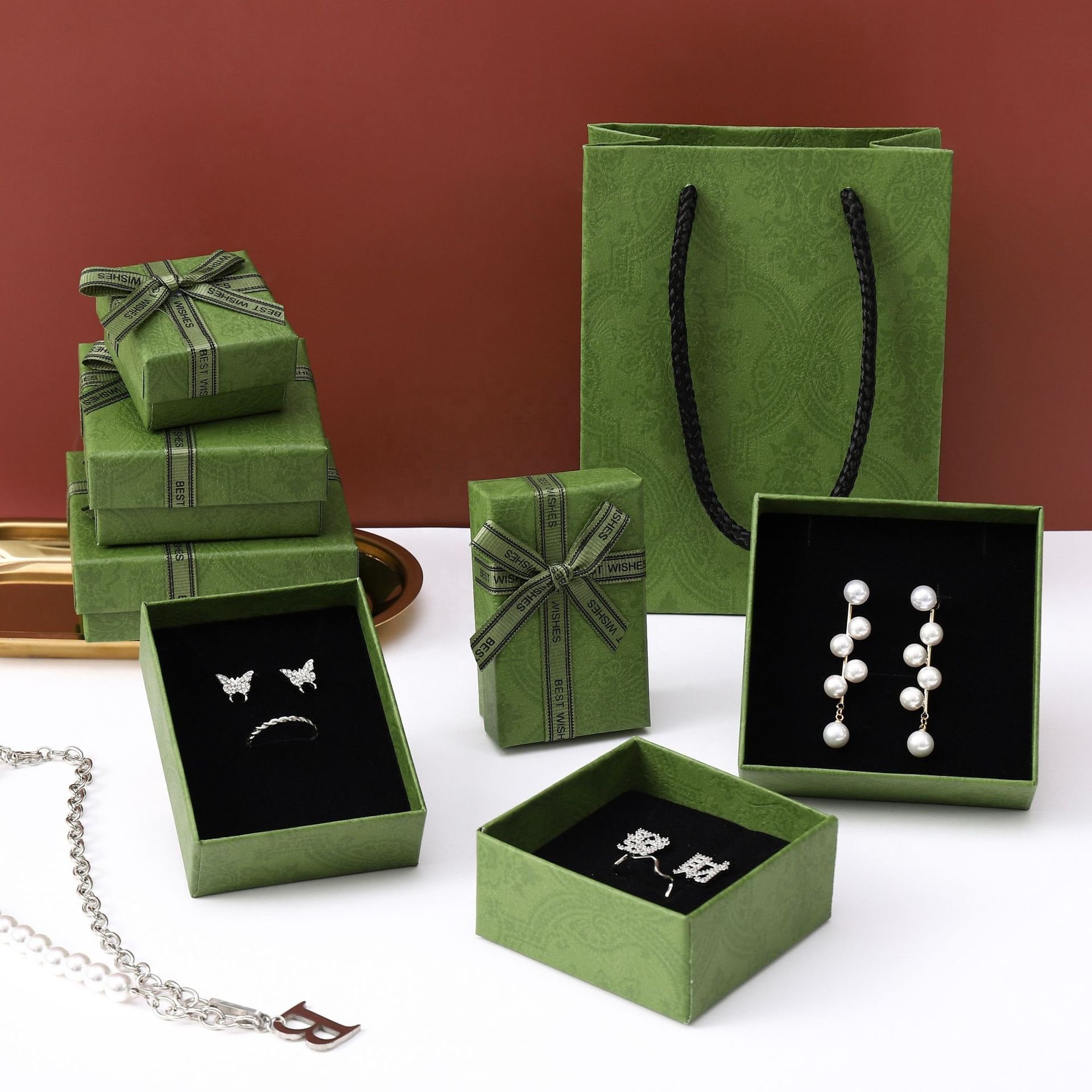 jewelry box packaging paper boxes gift ring luxury Eco-friendly Custom Logo Necklace earring boxes green bow