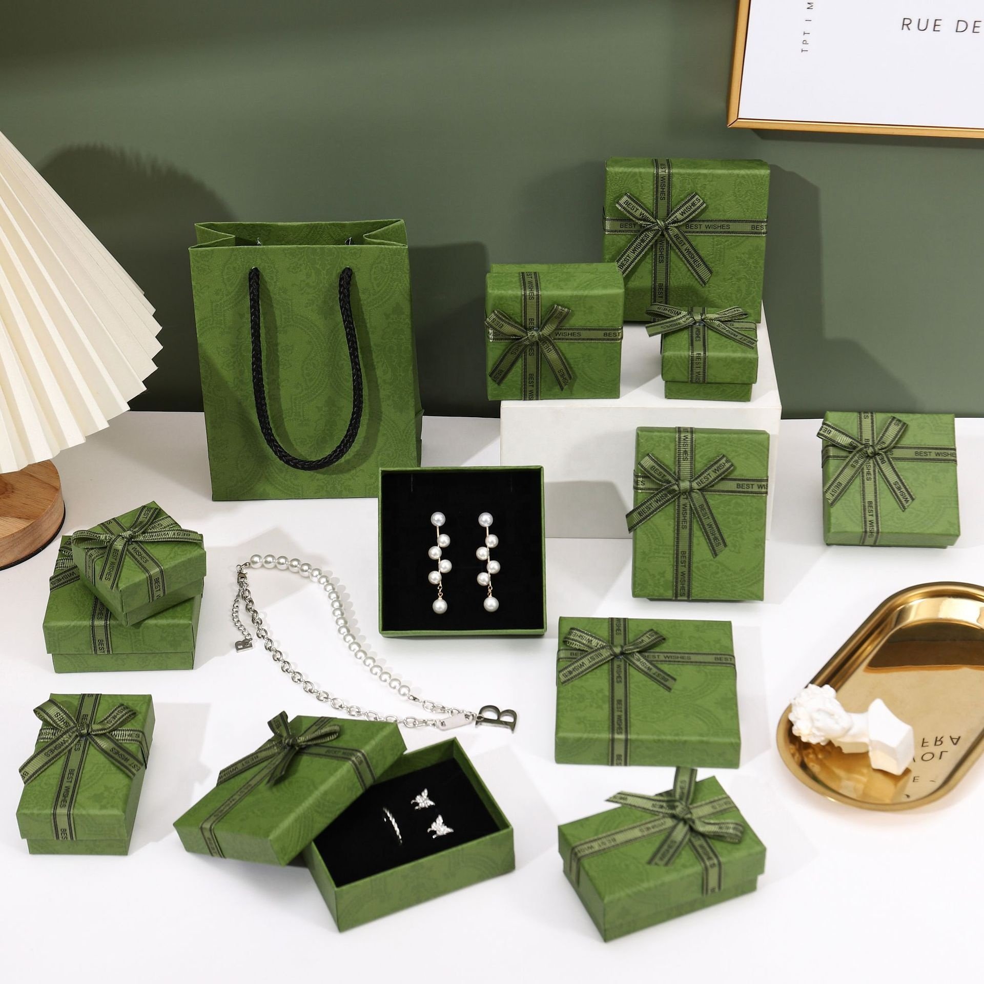 jewelry box packaging paper boxes gift ring luxury Eco-friendly Custom Logo Necklace earring boxes green bow