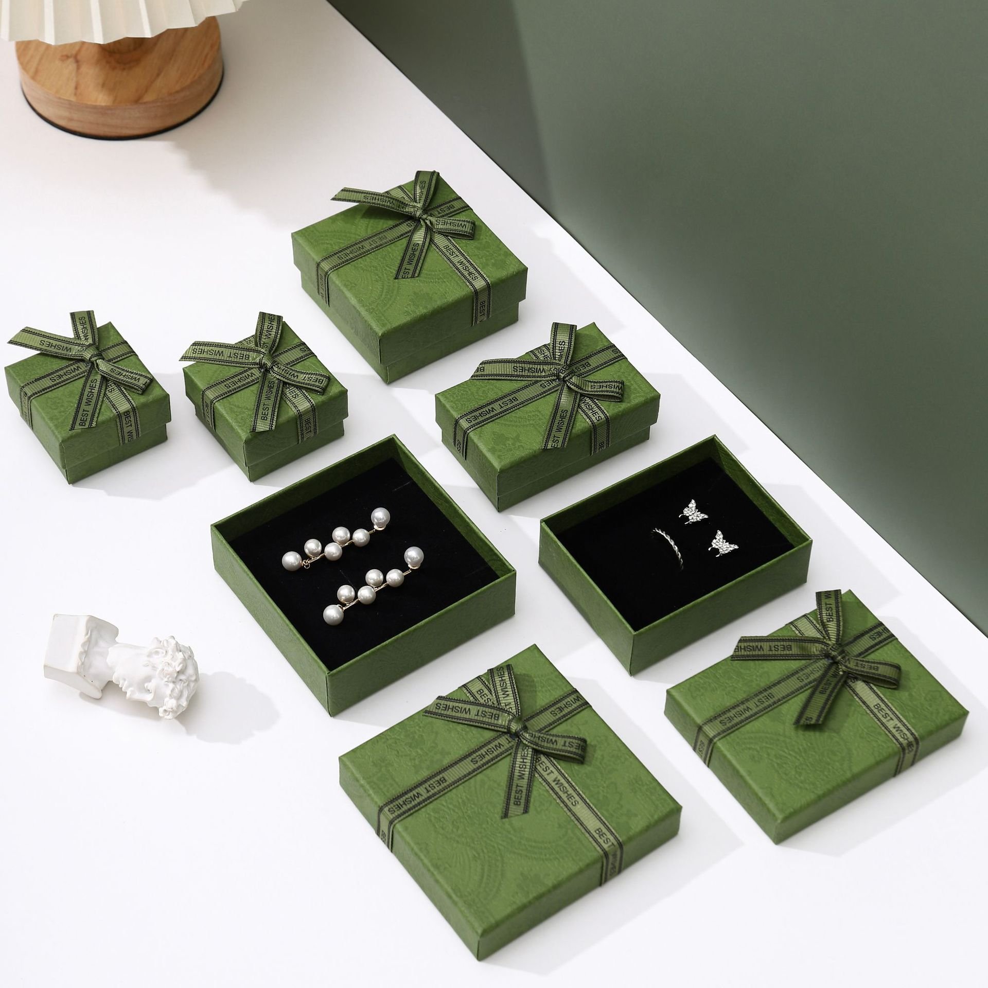 jewelry box packaging paper boxes gift ring luxury Eco-friendly Custom Logo Necklace earring boxes green bow