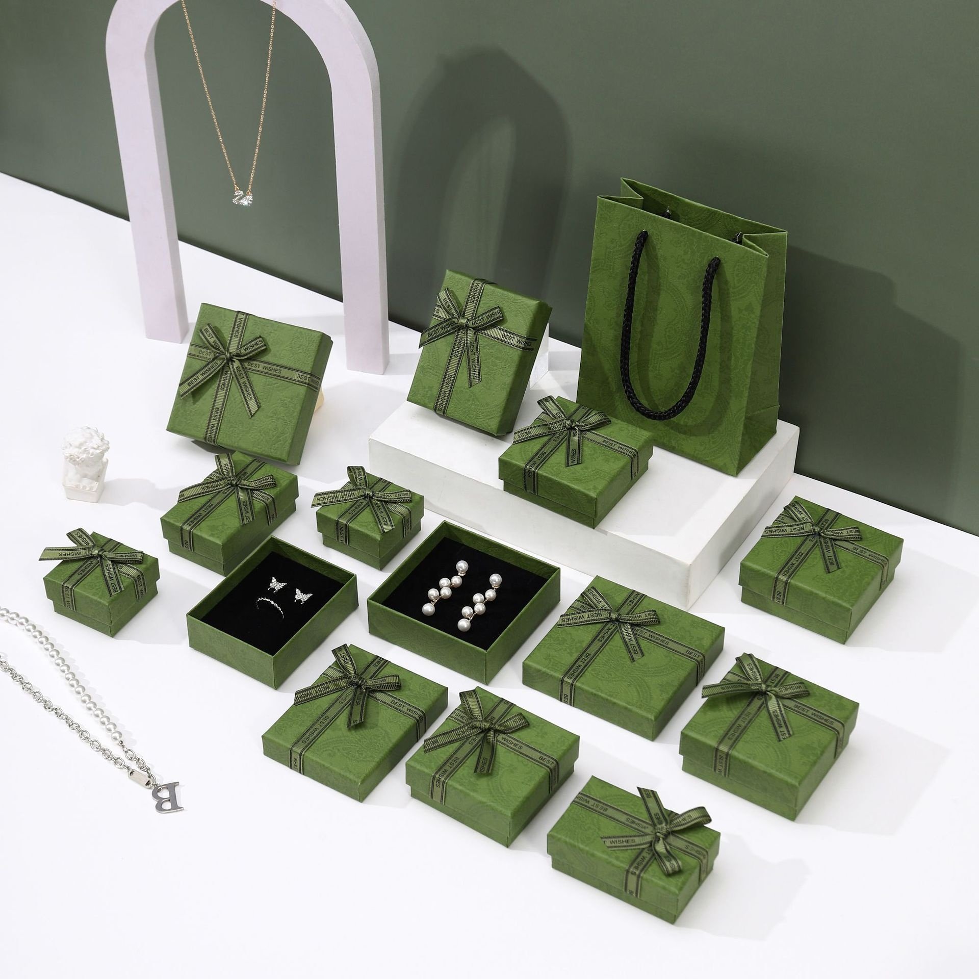 jewelry box packaging paper boxes gift ring luxury Eco-friendly Custom Logo Necklace earring boxes green bow