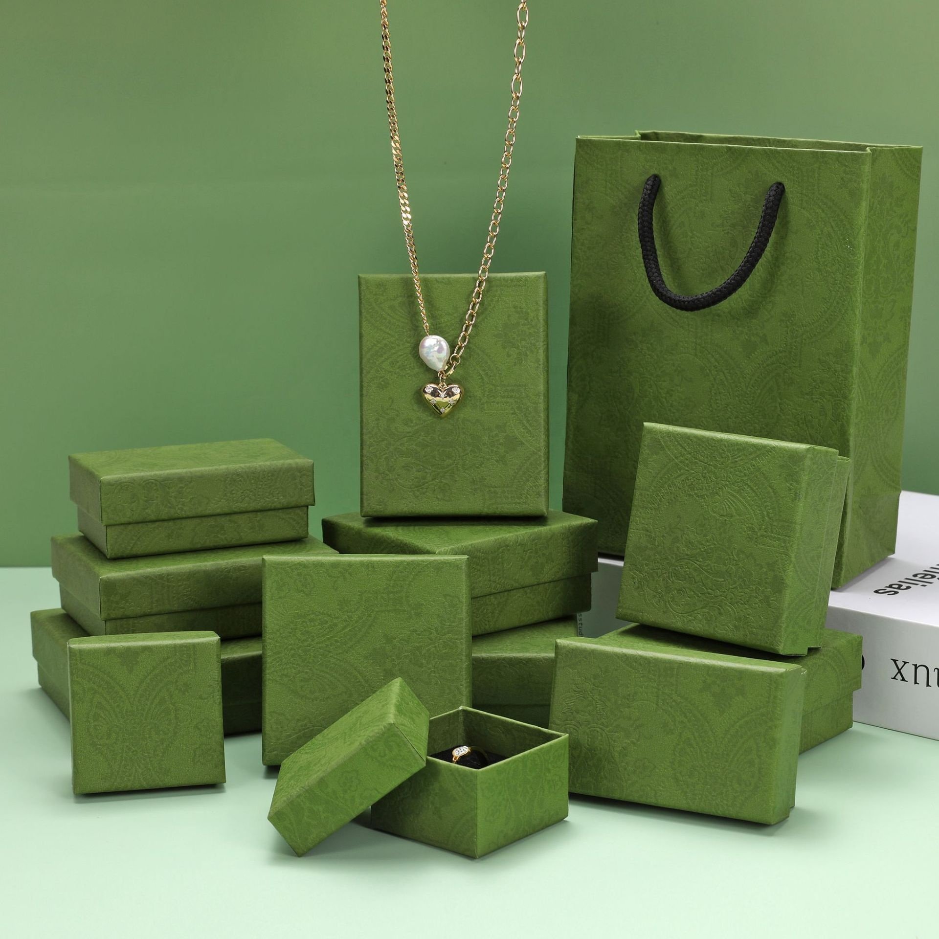 jewelry box packaging paper boxes gift ring luxury Eco-friendly Custom Logo Necklace earring boxes green bow