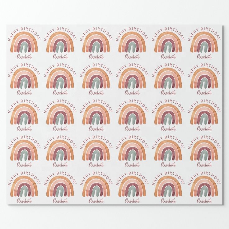 Custom Gift Packaging Paper Earthy Tone Watercolor Rainbow Name Birthday Wrapping Paper Matte Lamination