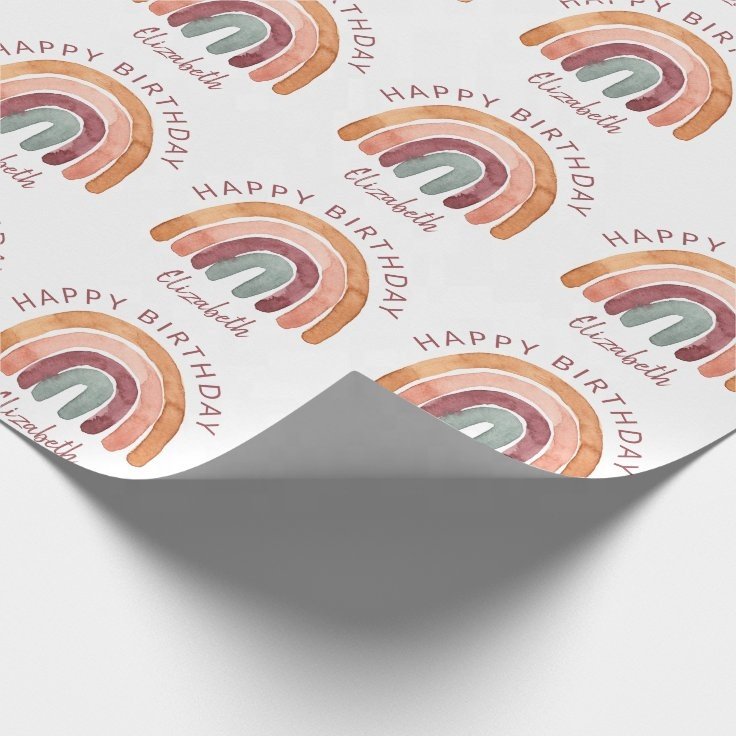 Custom Gift Packaging Paper Earthy Tone Watercolor Rainbow Name Birthday Wrapping Paper Matte Lamination