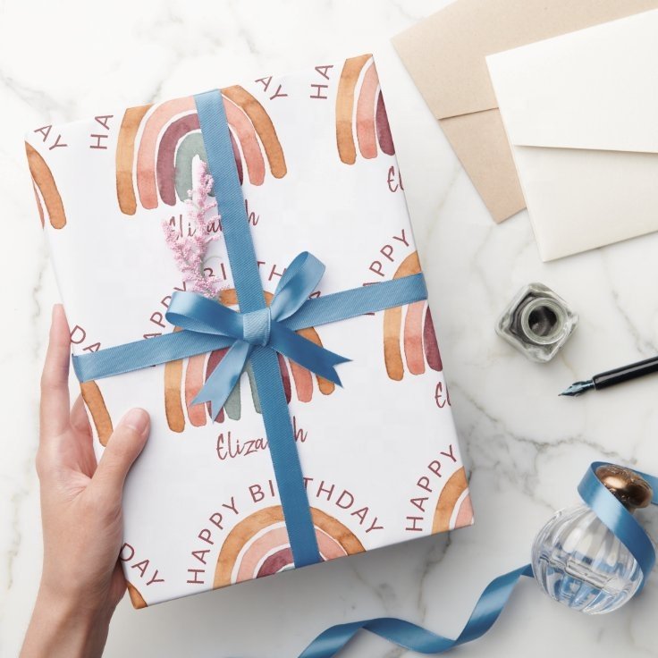 Custom Gift Packaging Paper Earthy Tone Watercolor Rainbow Name Birthday Wrapping Paper Matte Lamination