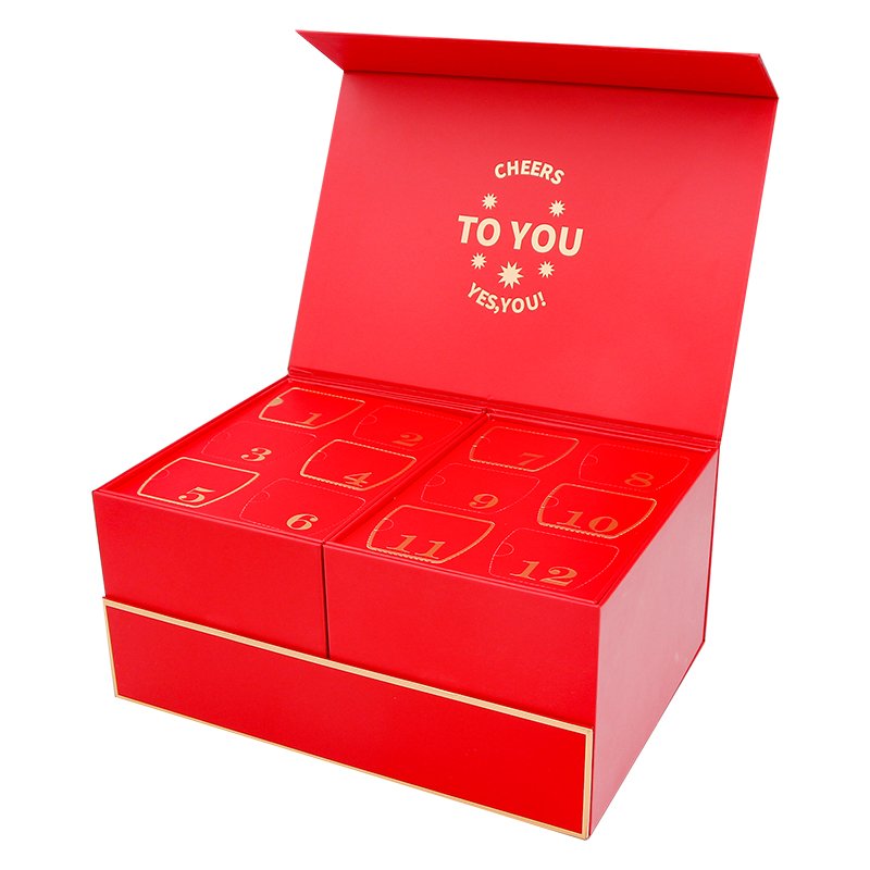 Wholesale custom red magnetic double open advent calendar paper box packaging cosmetic mystery drawer Christmas gift box