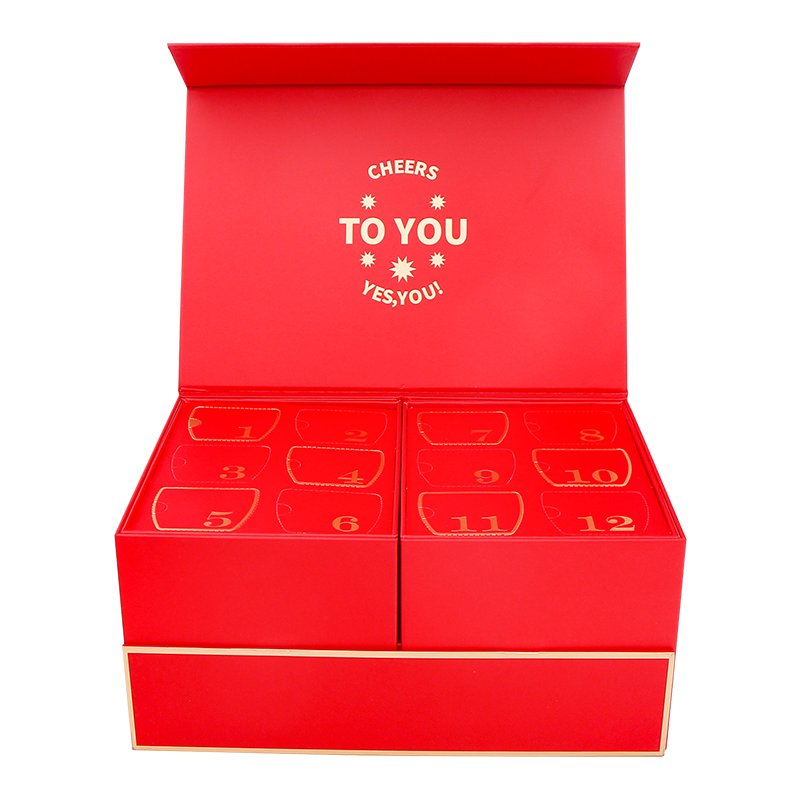 Wholesale custom red magnetic double open advent calendar paper box packaging cosmetic mystery drawer Christmas gift box