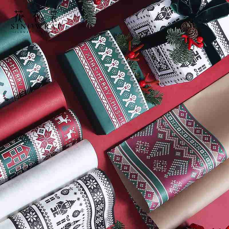 2023 New Design Christmas Floral Waterproof Plastic Bouquet Korean Packaging Paper Gift Flower Print Wrapping Paper