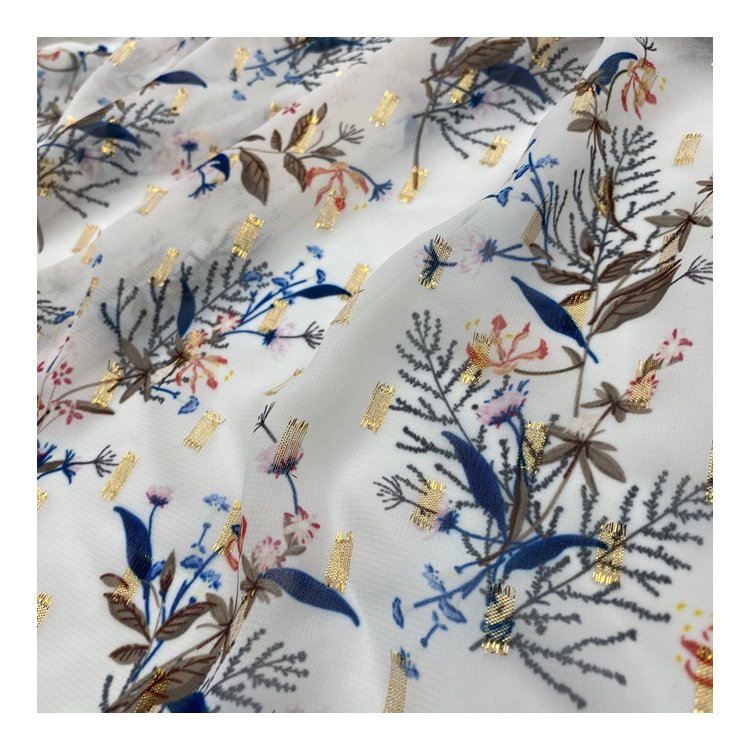 2022 NEW FASHION METALLIC GOLD PRINTED CHIFFON JACQUARD FABRICS FOR DRESS
