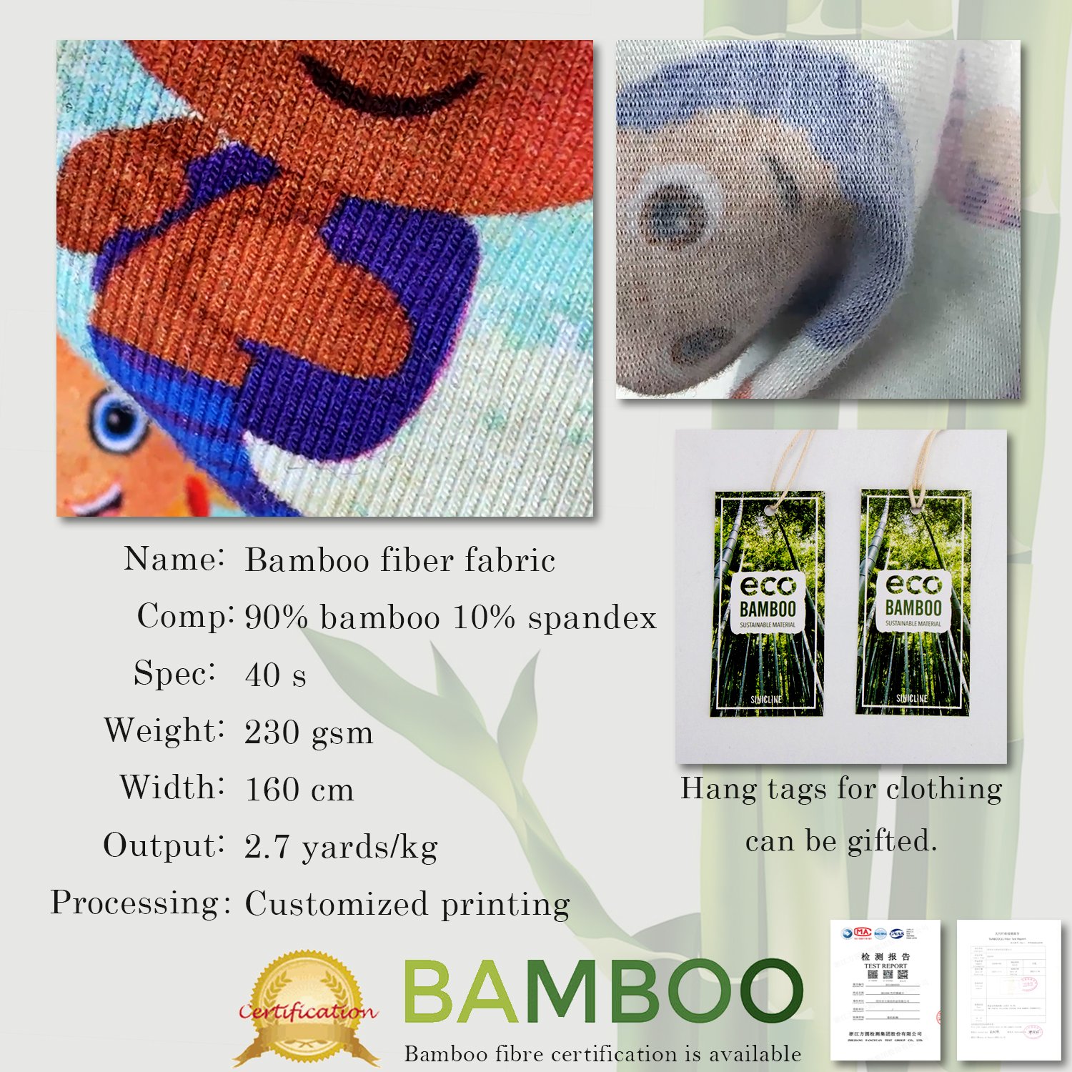100% Bamboo Fiber Custom print Organic Acrylic Cotton Knit Fabric For shirt, dress, pajamas