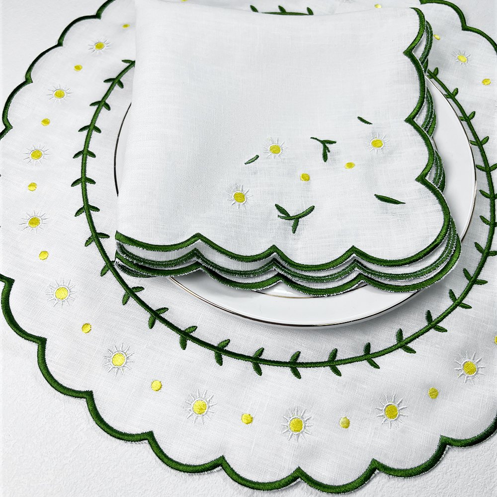 Wholesale Flower Linen Napkins Wedding with Embroidered edge table cloth Scalloped Linen Napkins eco friendly French Luxury Flax