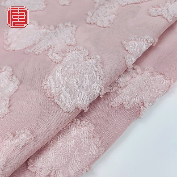 New Arrival Custom Design Woven 100% Polyester Pink Cut Flower Fabric For Women Dress