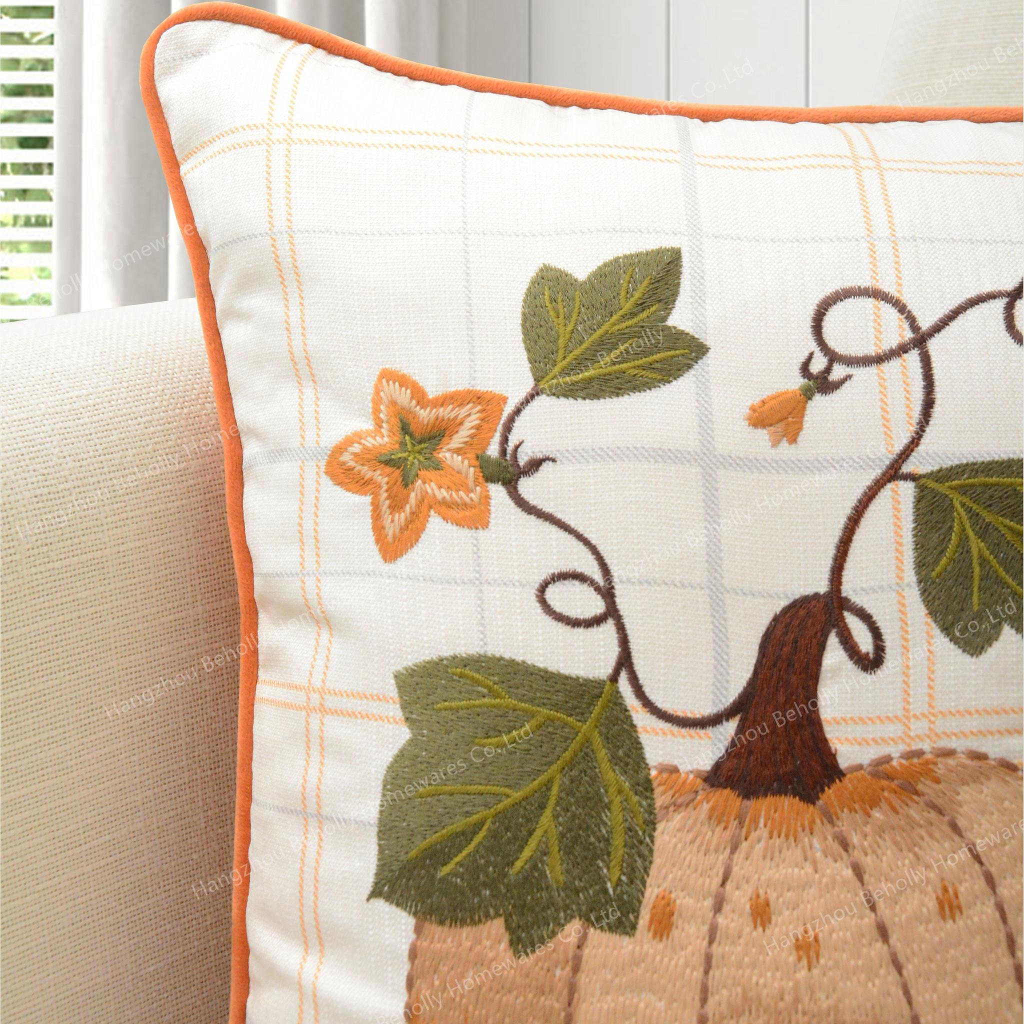 Plaid Fall Pumpkin Embroidered Throw Pillow Cover Home Thanksgiving Decorations Cushion Cover