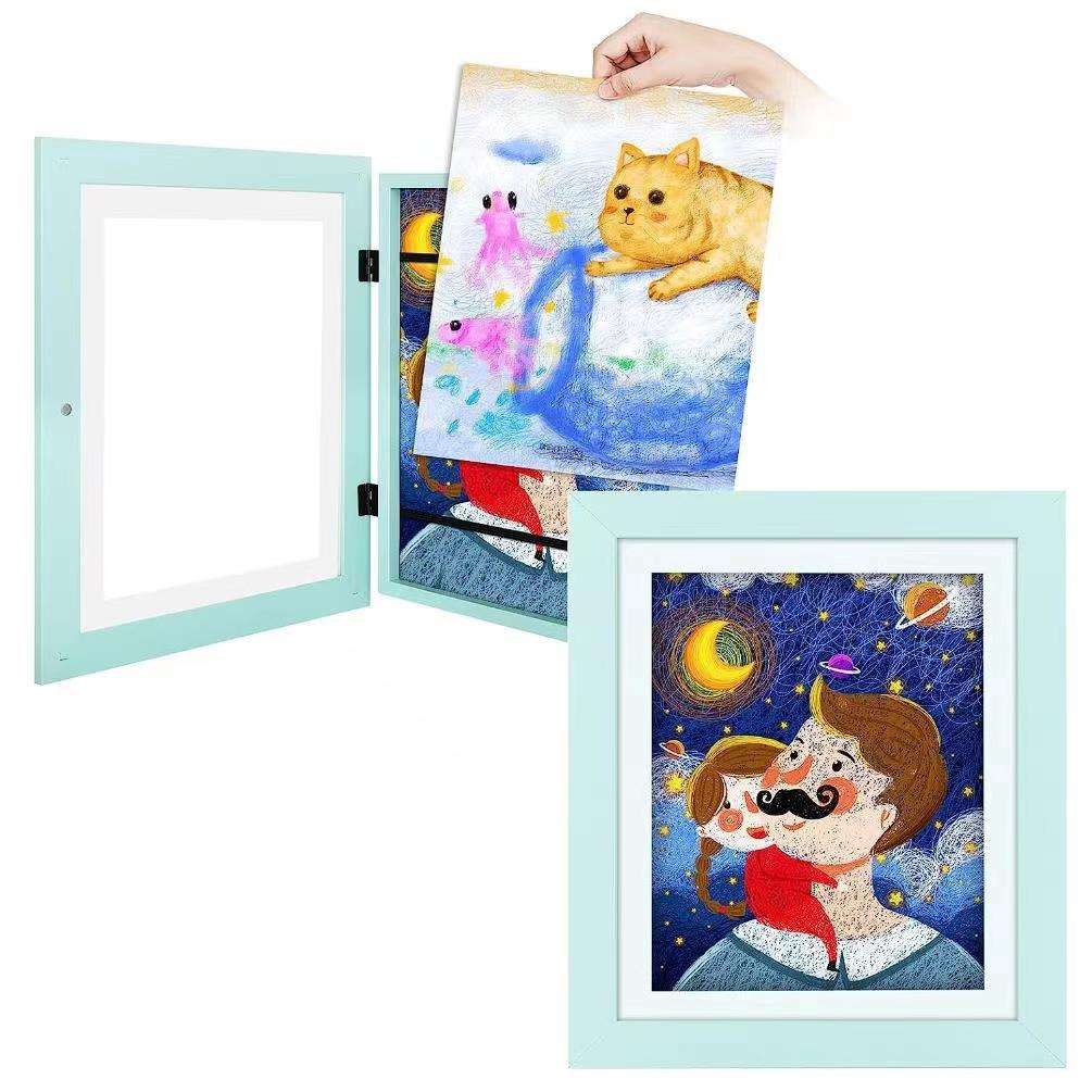 2023 Hot Sell Creative Black White Kids Artwork Picture Frame Wood Children Drawing Frame Handicraft Kids Art Frames