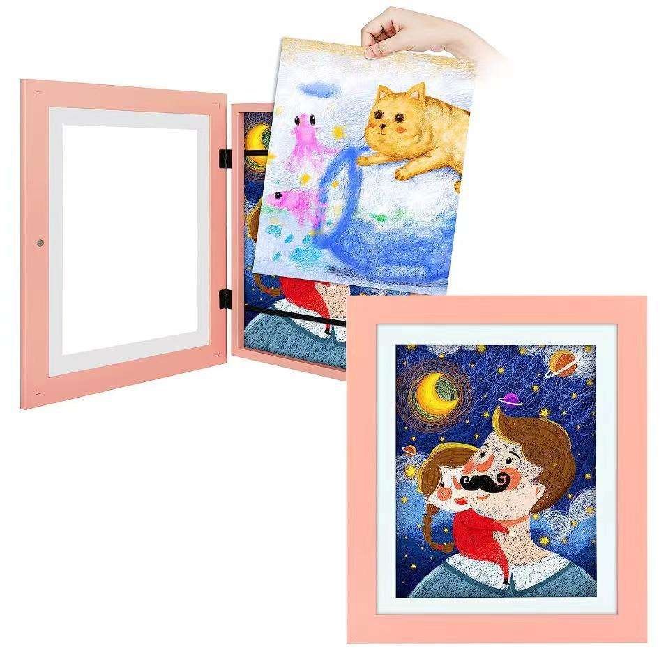 2023 Hot Sell Creative Black White Kids Artwork Picture Frame Wood Children Drawing Frame Handicraft Kids Art Frames
