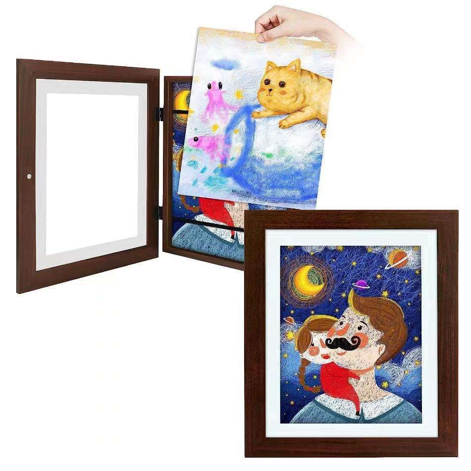 2023 Hot Sell Creative Black White Kids Artwork Picture Frame Wood Children Drawing Frame Handicraft Kids Art Frames
