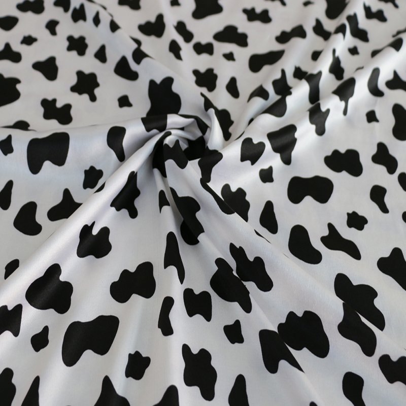 Good quality digital print soft smooth polyester spandex stretch cow printed satin fabric for dress