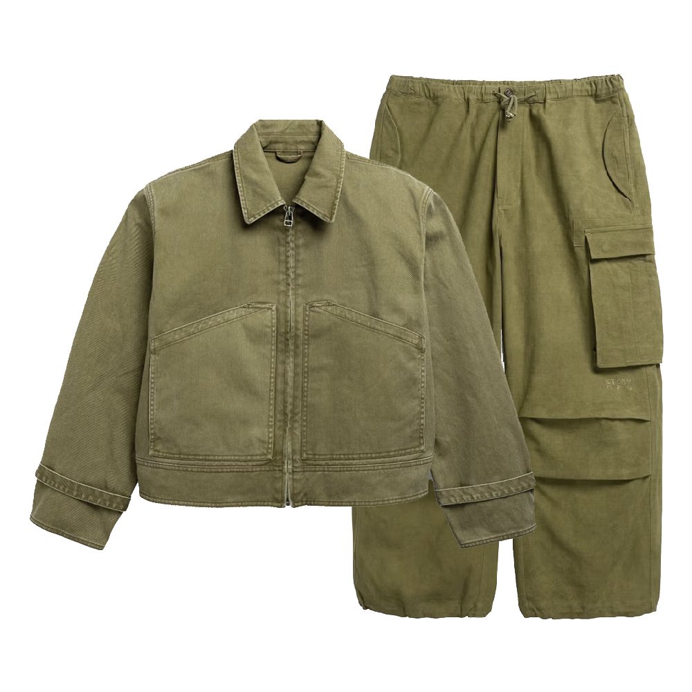 Men's High Street Style Canvas Work Cargo Jacket Track Pants Set Embossed Breathable Woven Training Wear Custom Logo Embroidered