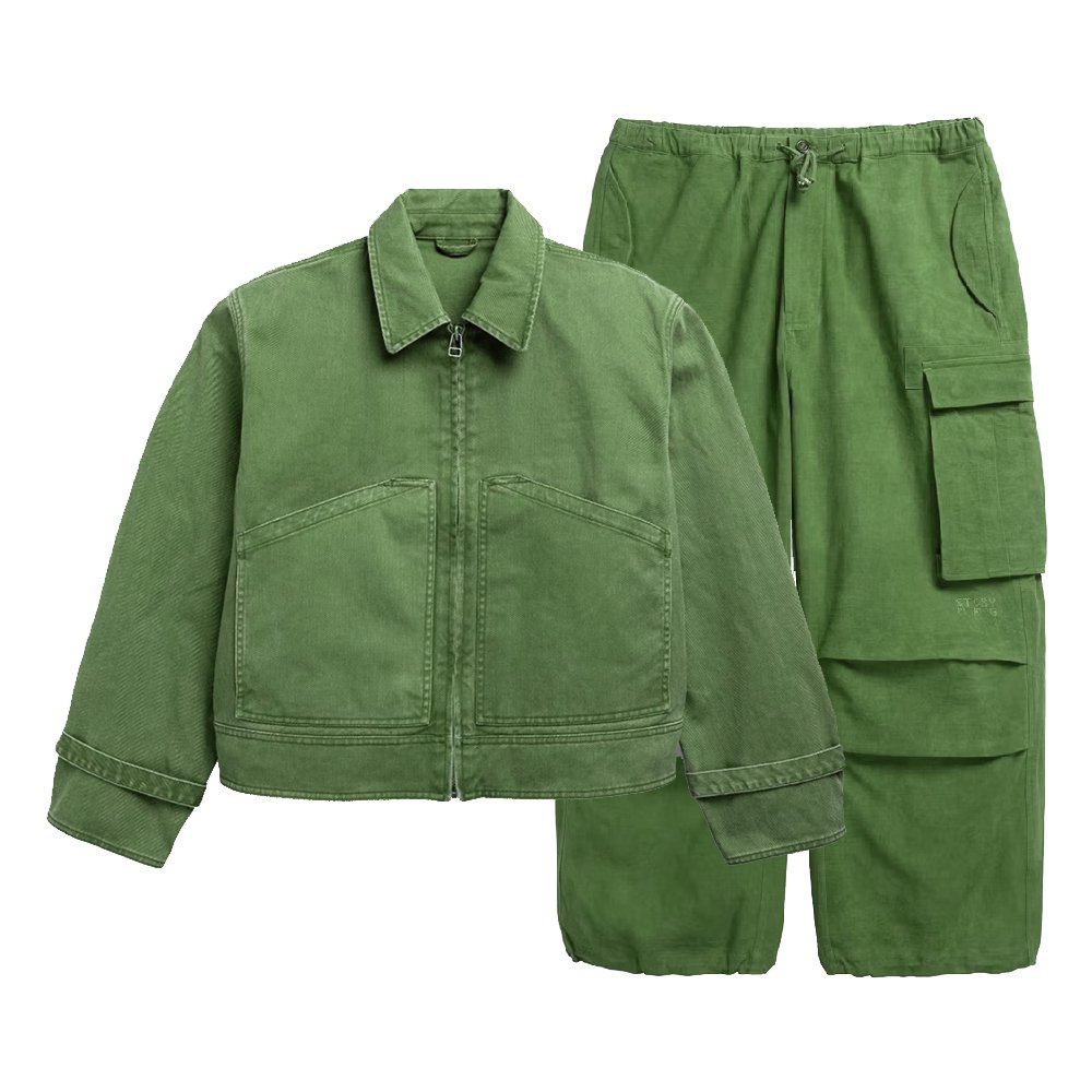 Men's High Street Style Canvas Work Cargo Jacket Track Pants Set Embossed Breathable Woven Training Wear Custom Logo Embroidered