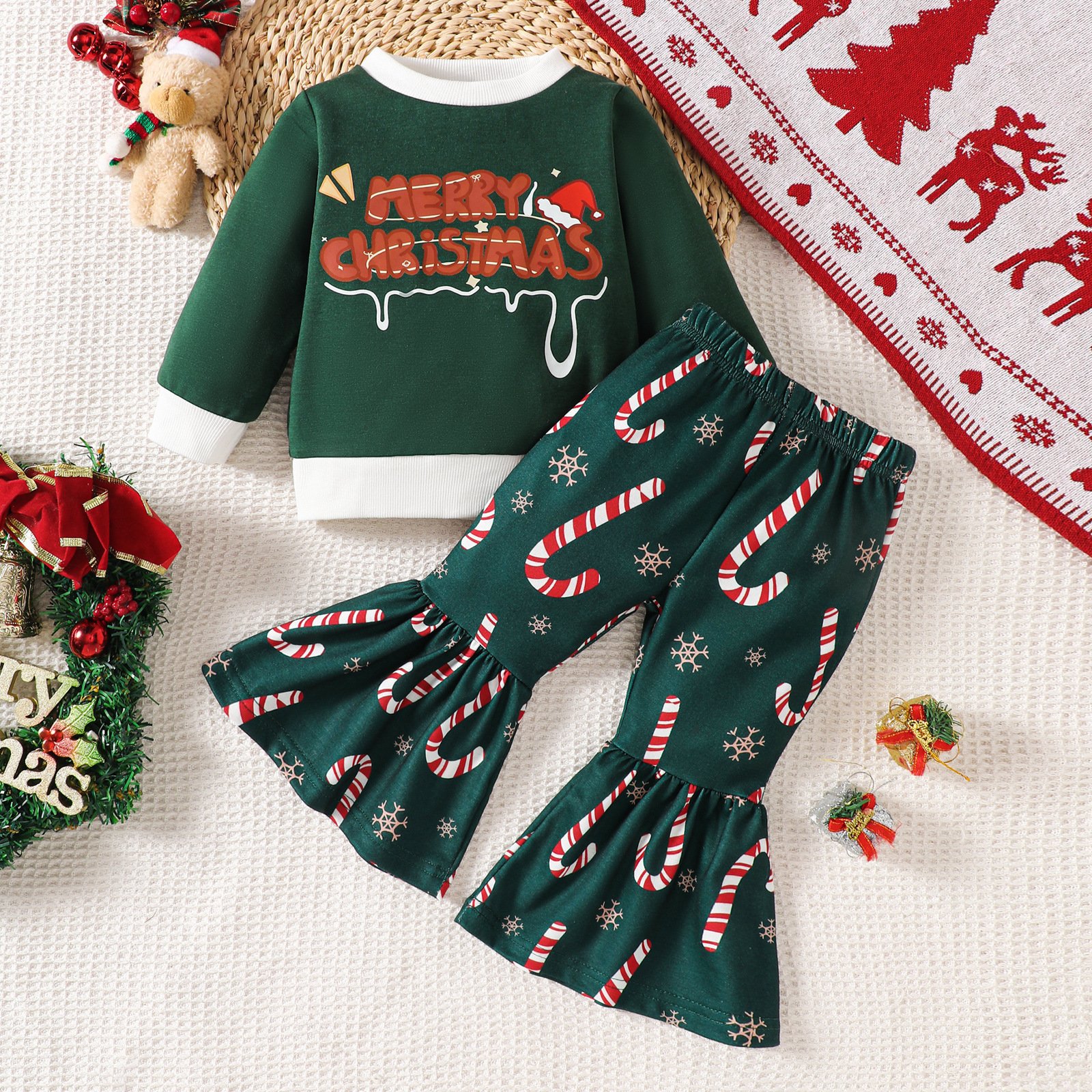Christmas Baby Girls Set High Quality Bamboo Fabric Long Sleeve Top And Bell-bottoms Cute Children Clothing Set