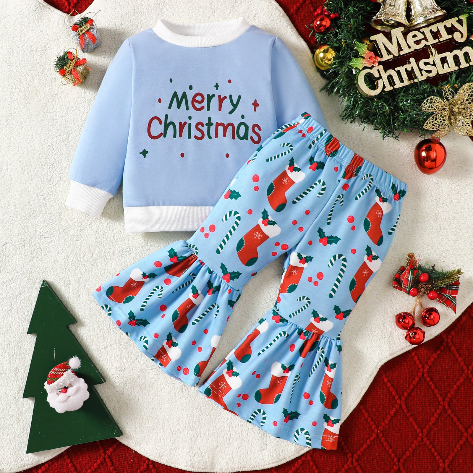 Christmas Baby Girls Set High Quality Bamboo Fabric Long Sleeve Top And Bell-bottoms Cute Children Clothing Set