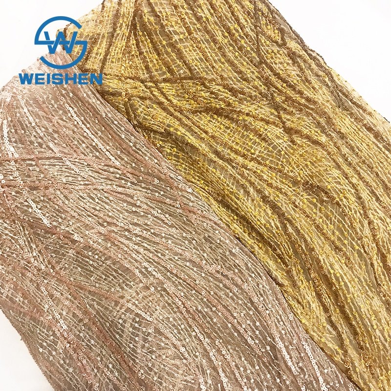 3mm Gold High Elastic Stretch Mesh Polyester Embroidery African Sequin Fabric