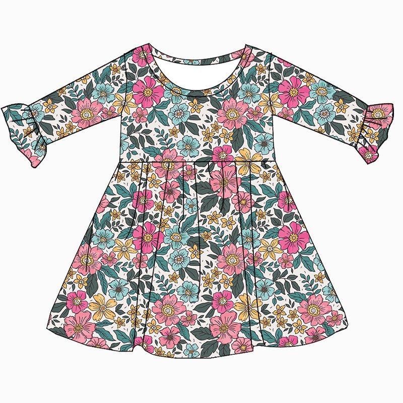 JF New Arrival Soft Bamboo Fabric Kid Clothes Halloween Prints Round Neck Long Sleeve Ruffle Knee-Length Dress for Baby Girls
