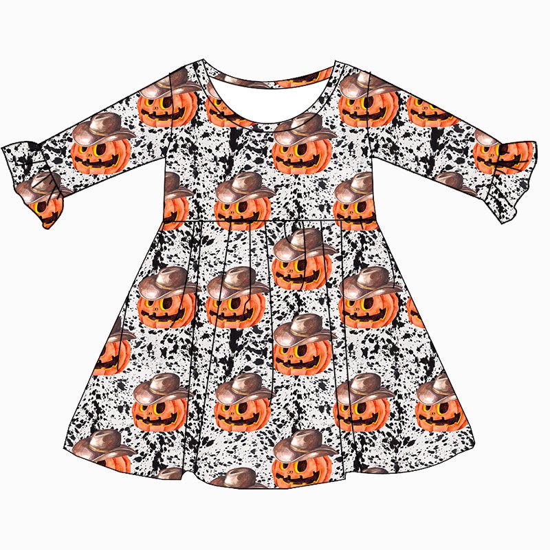 JF New Arrival Soft Bamboo Fabric Kid Clothes Halloween Prints Round Neck Long Sleeve Ruffle Knee-Length Dress for Baby Girls