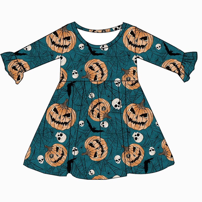 JF New Arrival Soft Bamboo Fabric Kid Clothes Halloween Prints Round Neck Long Sleeve Ruffle Knee-Length Dress for Baby Girls