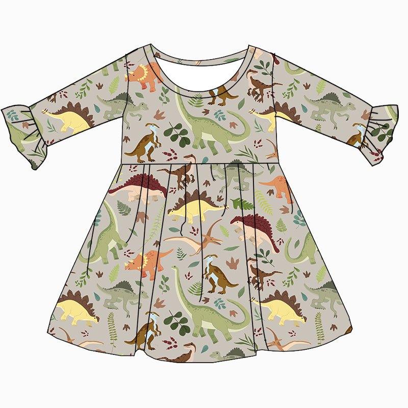 JF New Arrival Soft Bamboo Fabric Kid Clothes Halloween Prints Round Neck Long Sleeve Ruffle Knee-Length Dress for Baby Girls