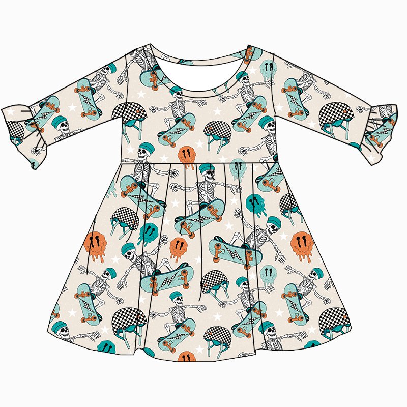 JF New Arrival Soft Bamboo Fabric Kid Clothes Halloween Prints Round Neck Long Sleeve Ruffle Knee-Length Dress for Baby Girls
