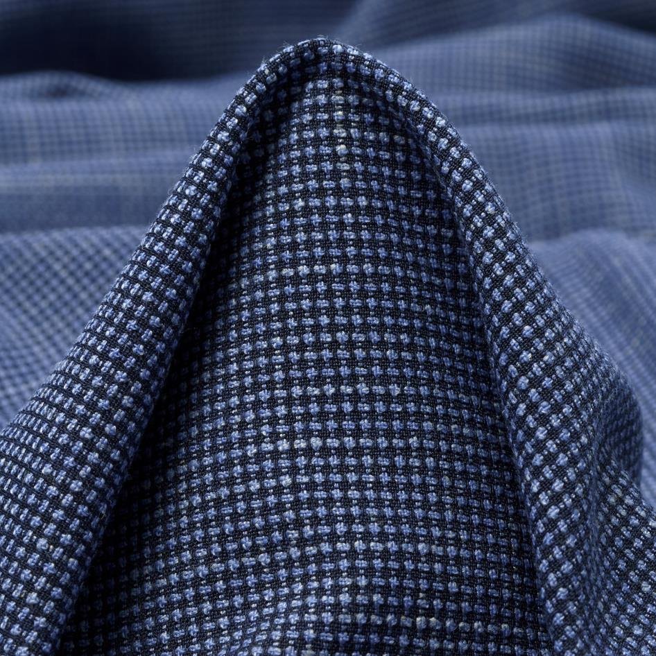 Men's Fashion Fabric: Wool and Linen Blend Lightweight Fabric deadstock. Spring and Summer Blue Linen with Micro Design.