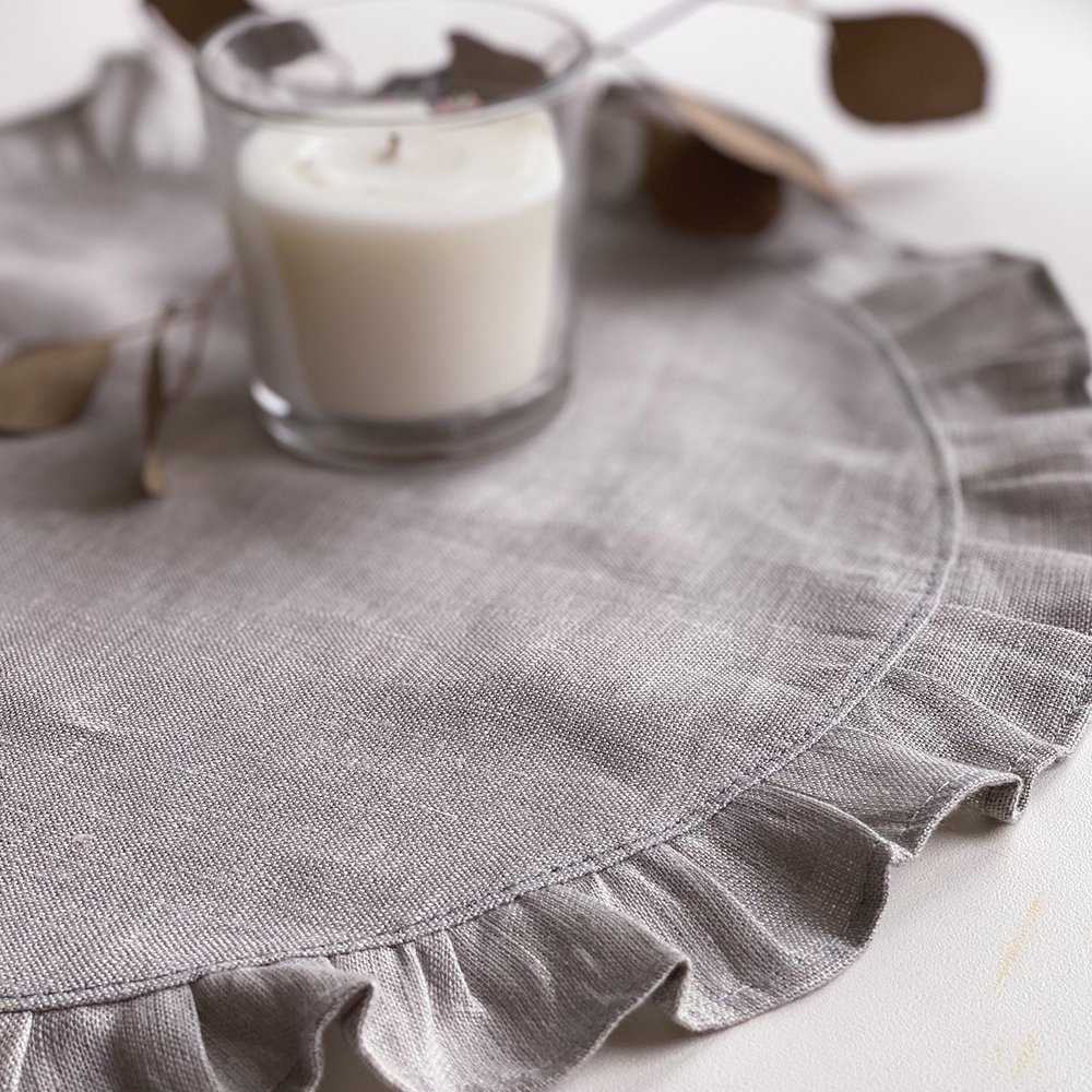 French Luxury Flax 100% organic Linen Striped ruffle edge napkins for wedding Embroidered Cotton Linen napkin placemat