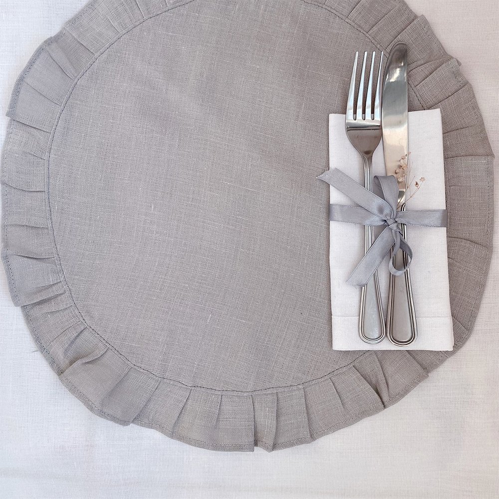 French Luxury Flax 100% organic Linen Striped ruffle edge napkins for wedding Embroidered Cotton Linen napkin placemat