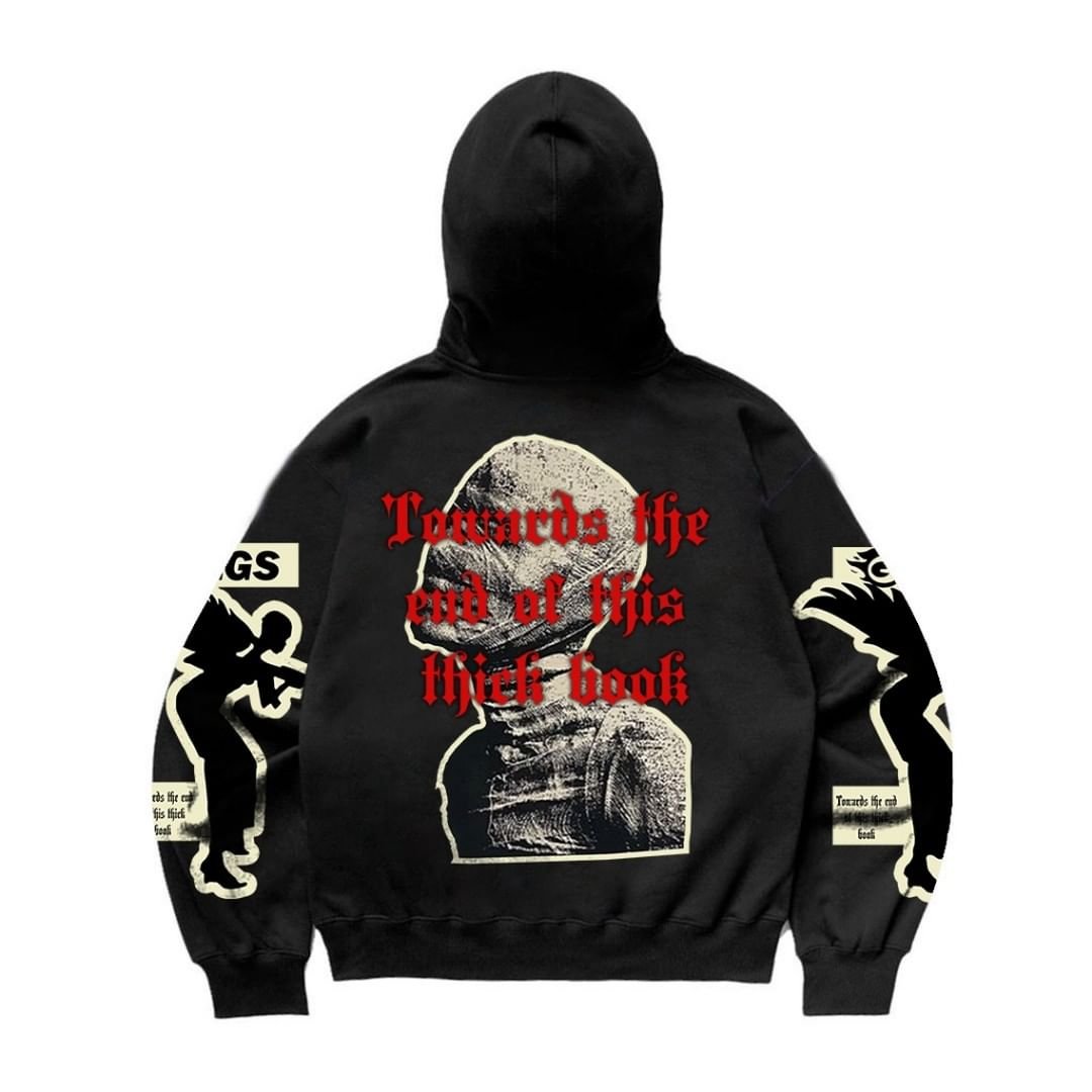 Men's Cropped Boxy Hoodie with Embossed Puff Printing and Rhinestone Distress Designer Fleece Fabric