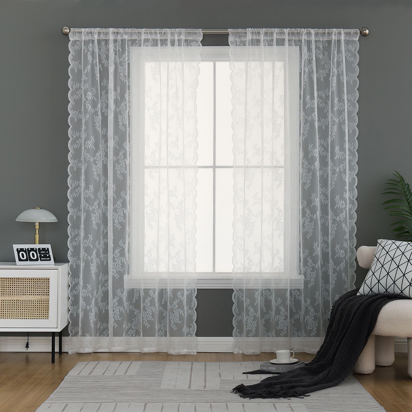 Pure White Beautiful Home Living Room Window Sheer Curtains, Simple Lace Embroidery Sheer Curtain Vile Drapes