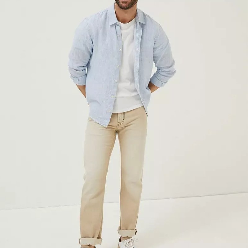 Custom Embroidered Casual Button Up Long Sleeve Men's Linen Shirts