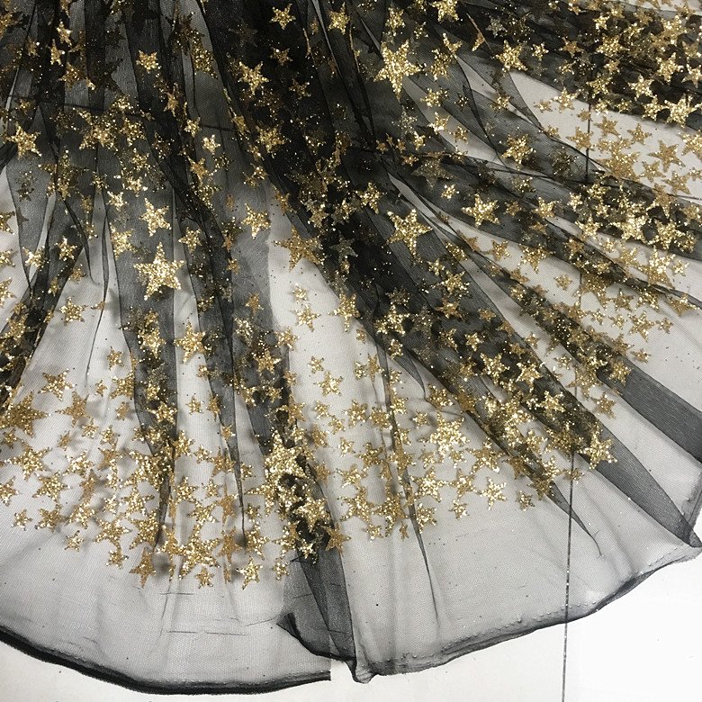 Black silver white blue mesh hot diamond bead piece sequin fabric gold star sequin fabric dress performance clothing fabric
