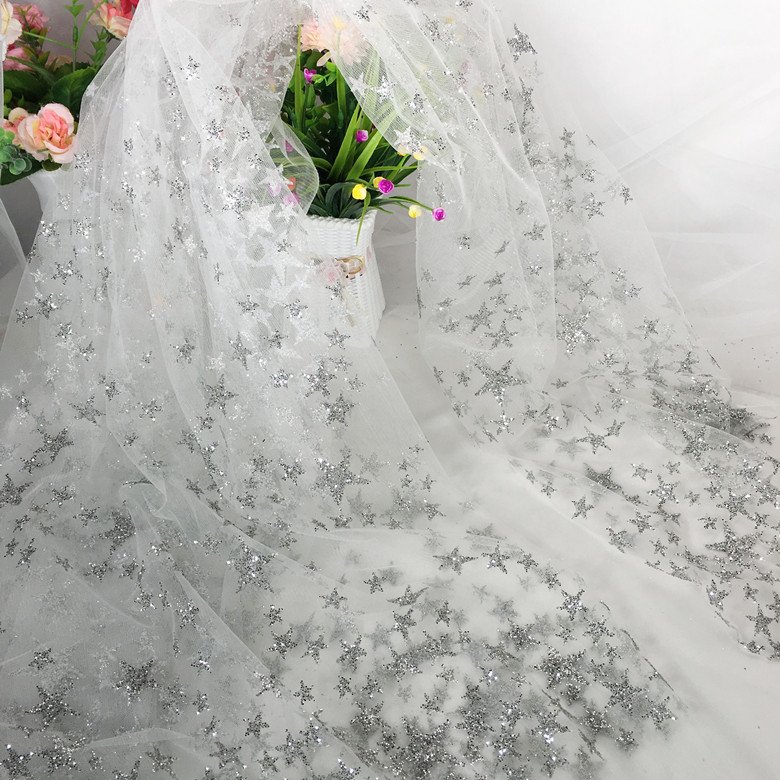 Black silver white blue mesh hot diamond bead piece sequin fabric gold star sequin fabric dress performance clothing fabric