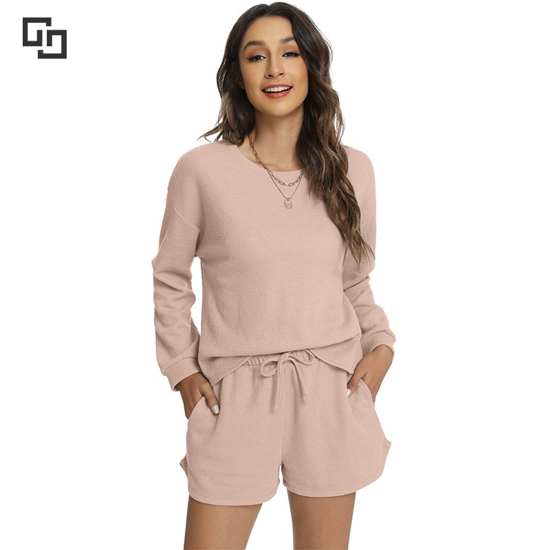 High Quality Custom Loungewear Women Sets Waffle Organic Cotton Pajamas for Women Set Bamboo Fabric Casual Clothes