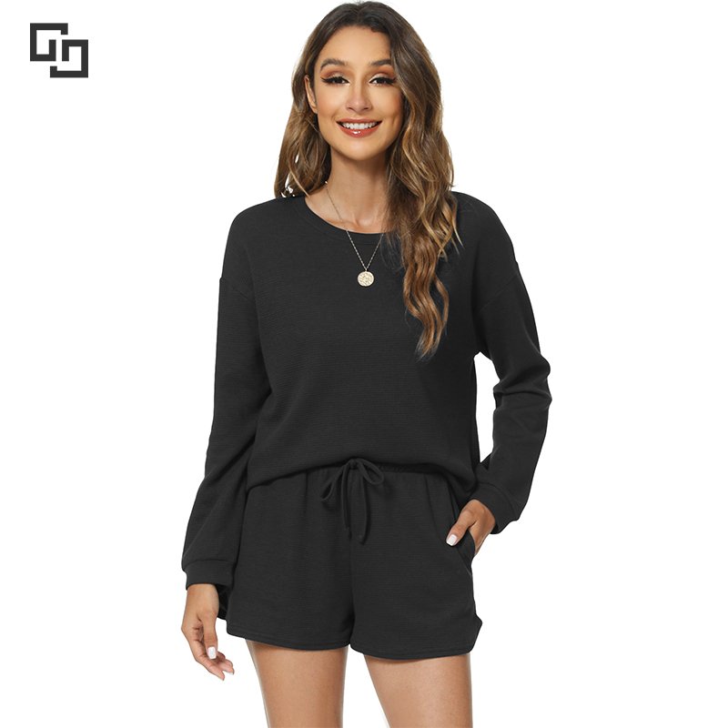 High Quality Custom Loungewear Women Sets Waffle Organic Cotton Pajamas for Women Set Bamboo Fabric Casual Clothes