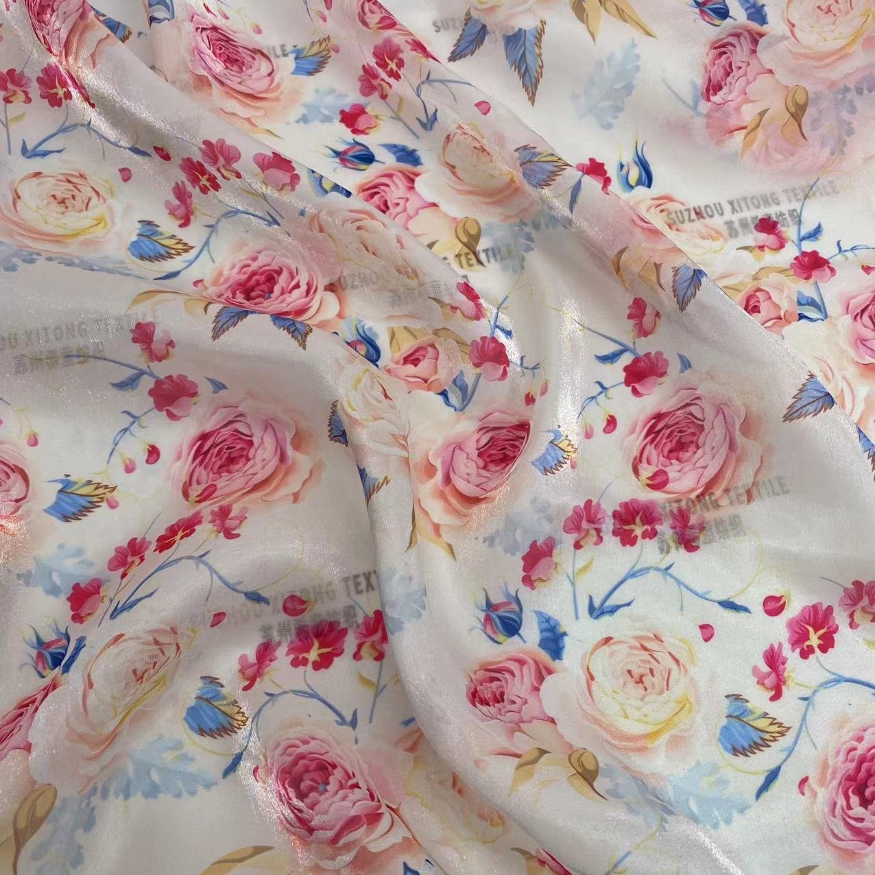 Wholesale 64gsm transparent stock digital printing beautiful flowers liquid organza fabric for women and girl's dress