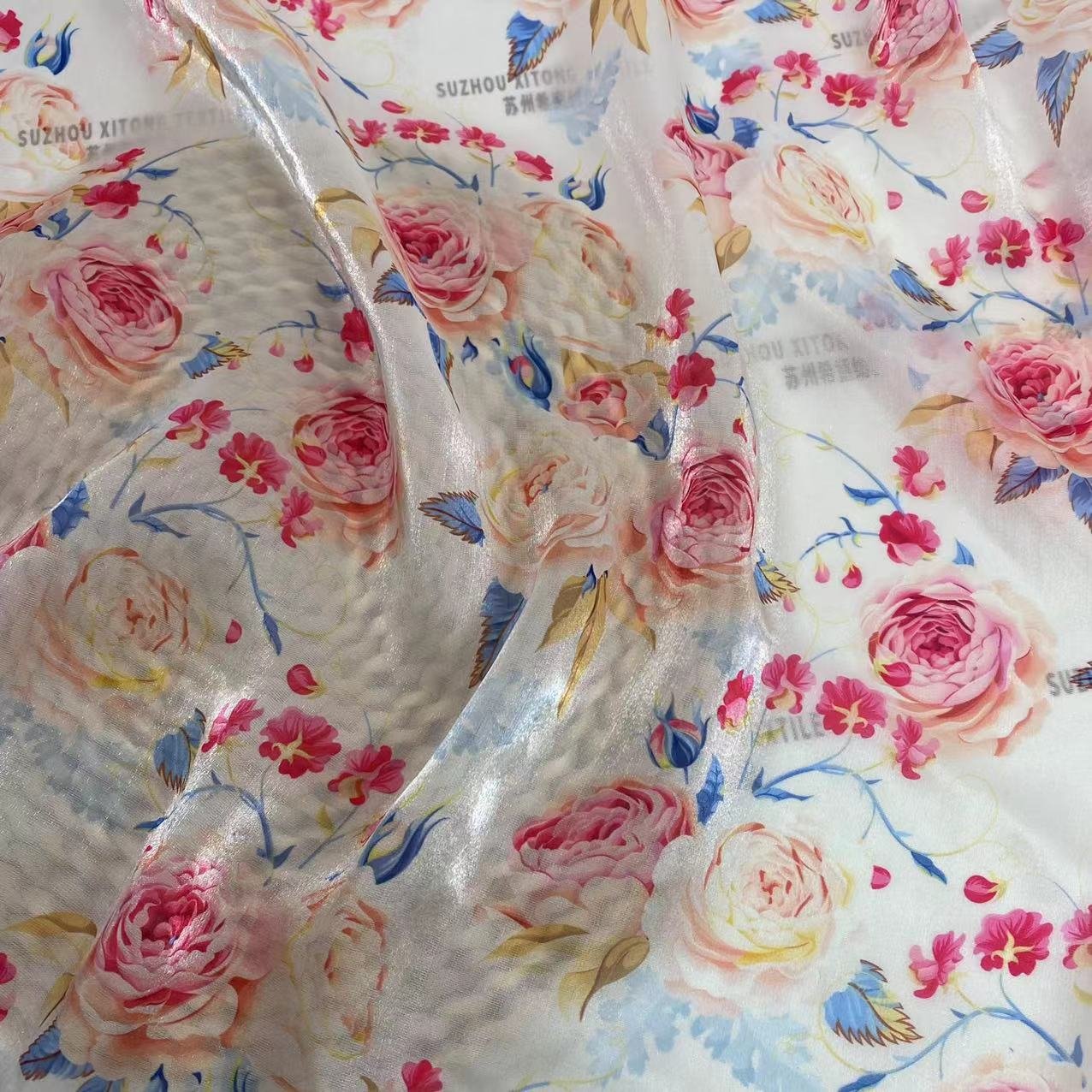Wholesale 64gsm transparent stock digital printing beautiful flowers liquid organza fabric for women and girl's dress