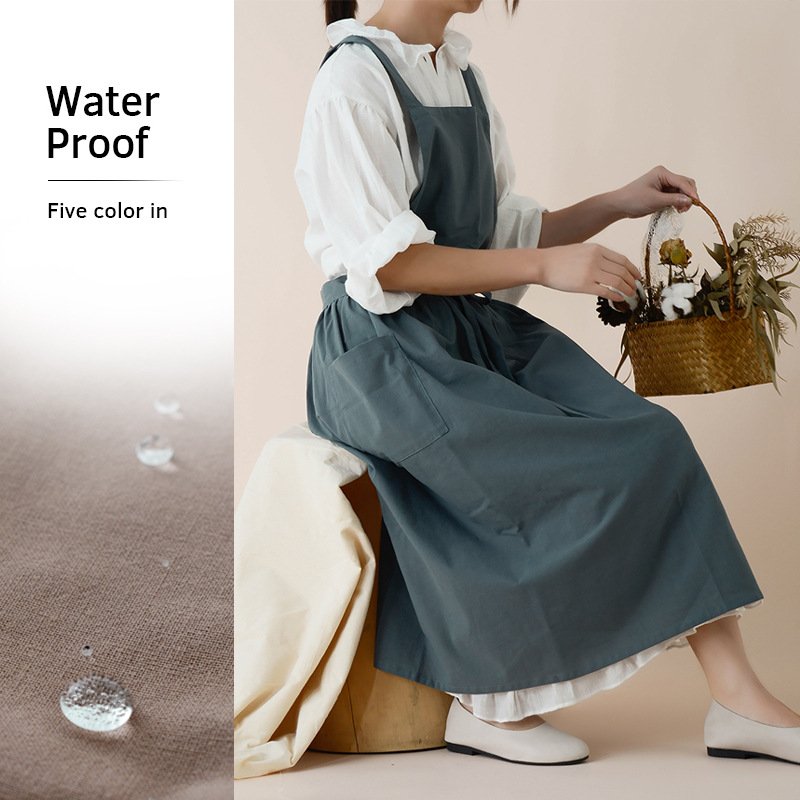 wholesale Ladies cotton linen waterproof kitchen cooking pocket apron For Cafe Restaurants Women fashion cooking apron