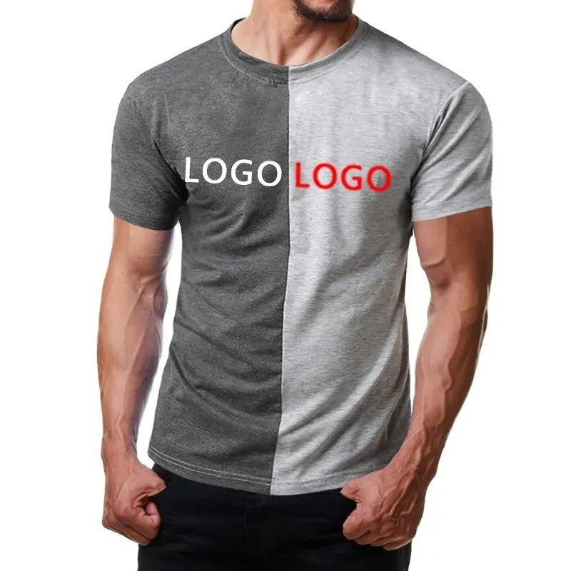 Custom split 2 color t shirt color block two tone t-shirt for men long line slim fit cotton sportswear two tone t-shirt