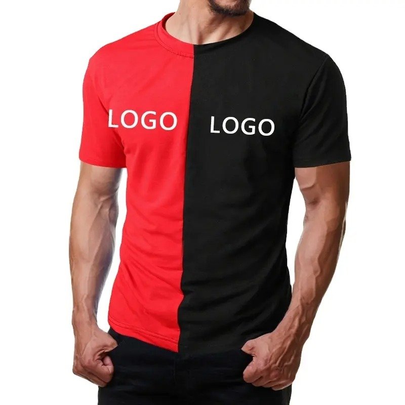 Custom split 2 color t shirt color block two tone t-shirt for men long line slim fit cotton sportswear two tone t-shirt