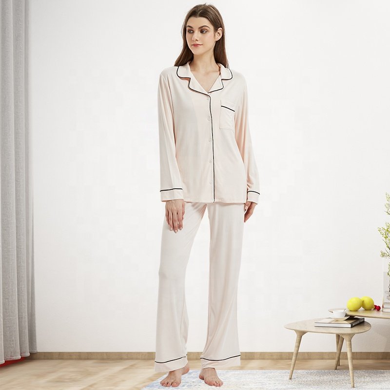 High Quality Women'S Sleepwear Classic Piping Modal Bamboo Pajama Set Luxury Pajamas for Women Set