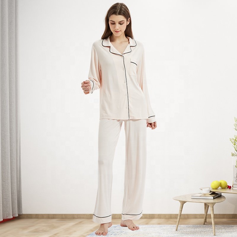 High Quality Women'S Sleepwear Classic Piping Modal Bamboo Pajama Set Luxury Pajamas for Women Set