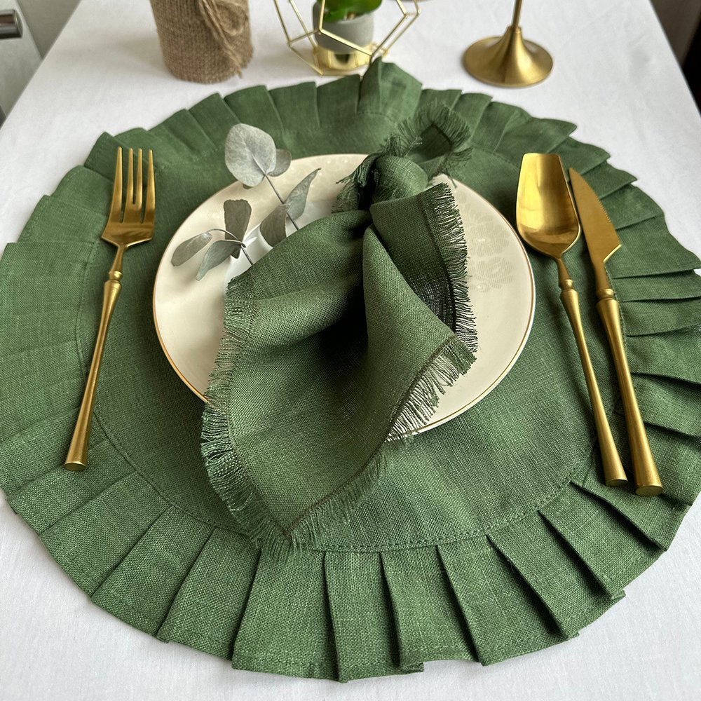 French Luxury Flax pure Linen Striped Checkered napkins for wedding Embroidered grid Cotton Linen napkin fabric placemat