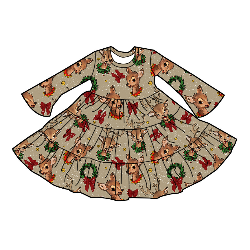 Christmas custom printing baby girls fashionable high quality autumn winter dress wholesale kids long sleeve beautiful clothing