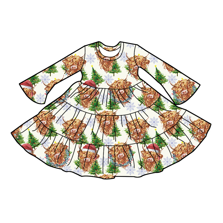 Christmas custom printing baby girls fashionable high quality autumn winter dress wholesale kids long sleeve beautiful clothing